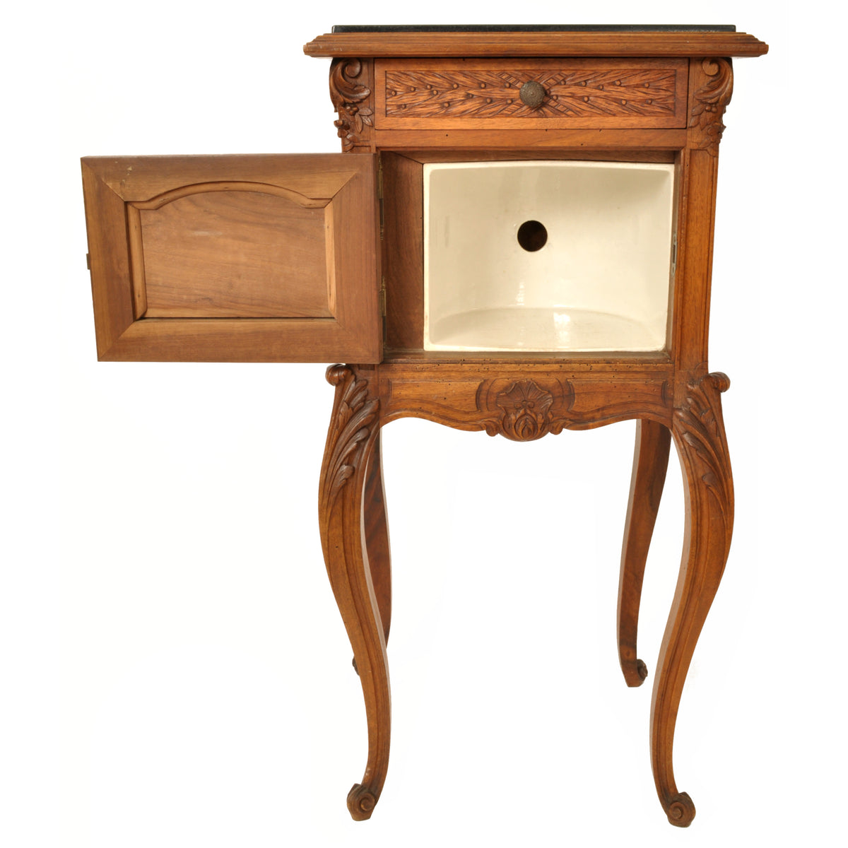 Antique French Provincial Louis XVI Carved Walnut & Marble Nightstand / Table, circa 1880