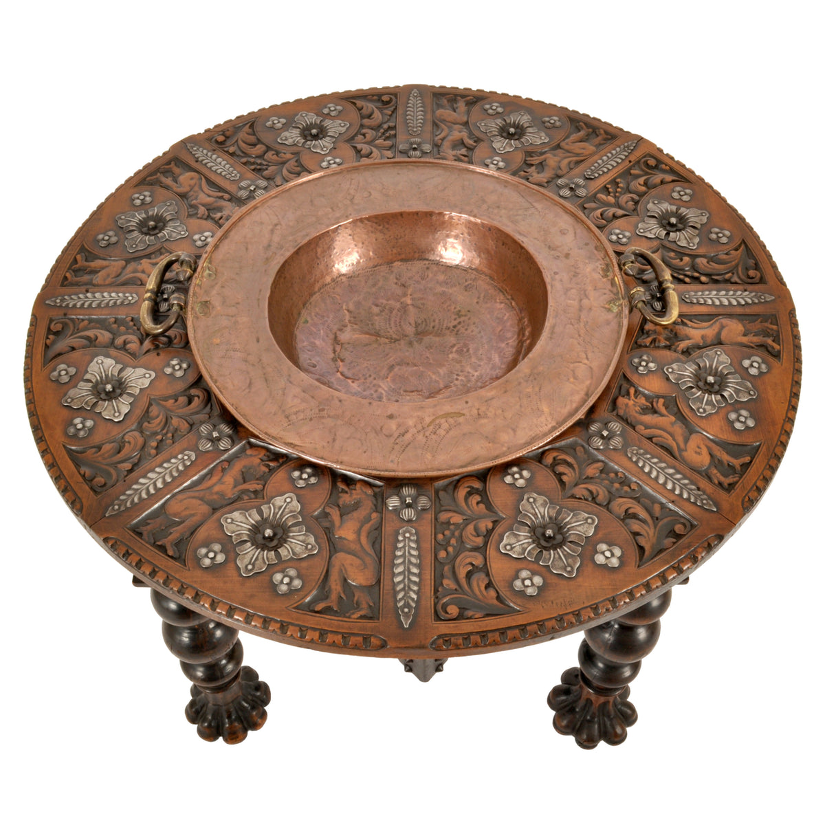 Antique 17th Century Style Spanish Walnut & Brass Iron Warming / Brazier Table, circa 1880