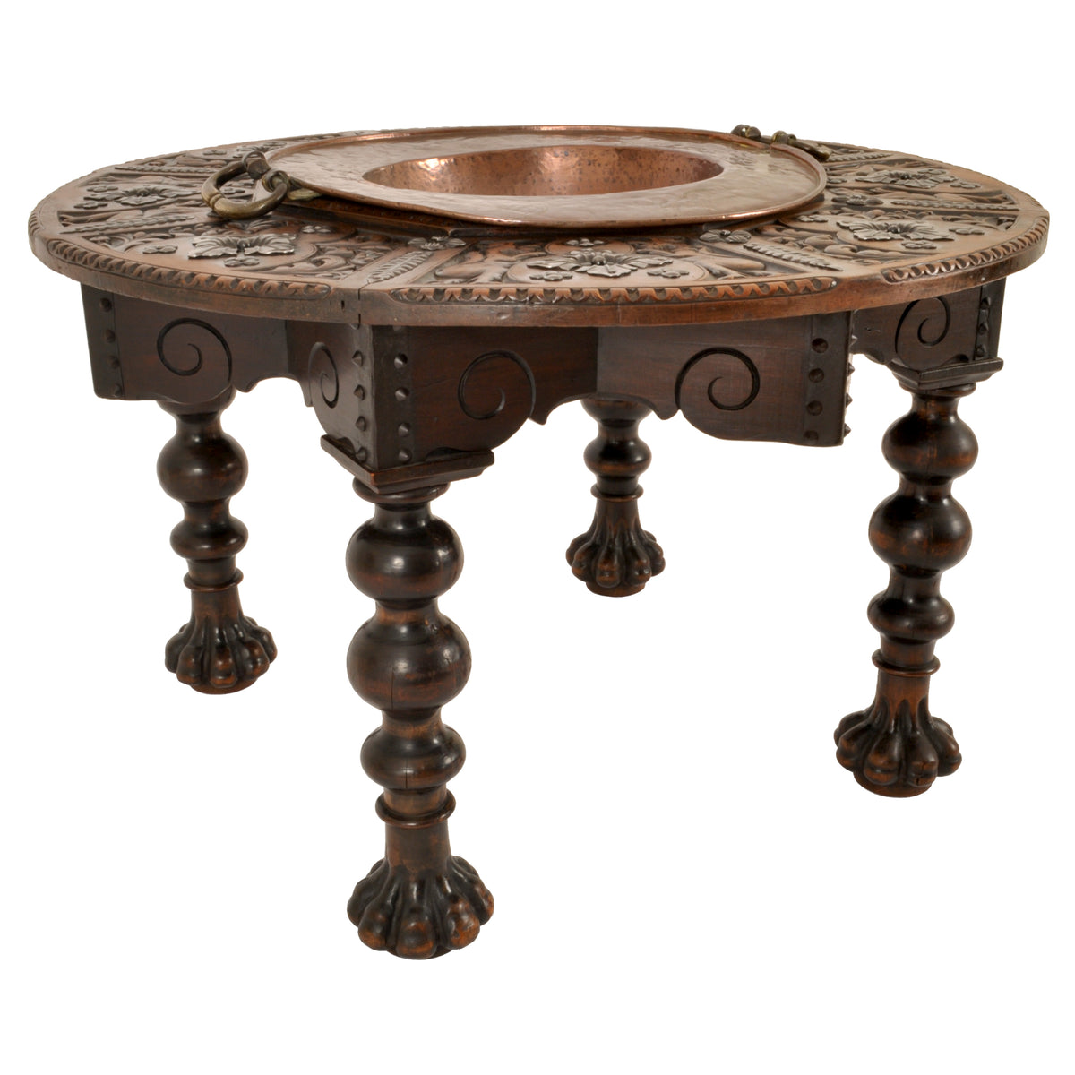 Antique 17th Century Style Spanish Walnut & Brass Iron Warming / Brazier Table, circa 1880