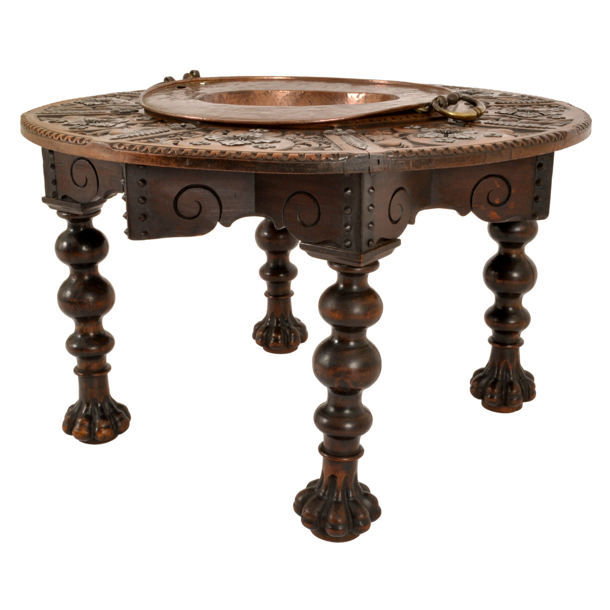 Antique 17th Century Style Spanish Walnut & Brass Iron Warming / Brazier Table, circa 1880