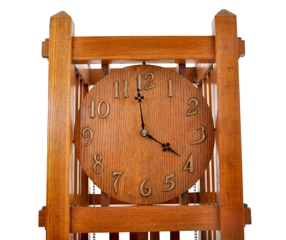 Antique American Mission Arts & Crafts Oak 8-Day Grandfather Tall Case Clock, Circa 1900