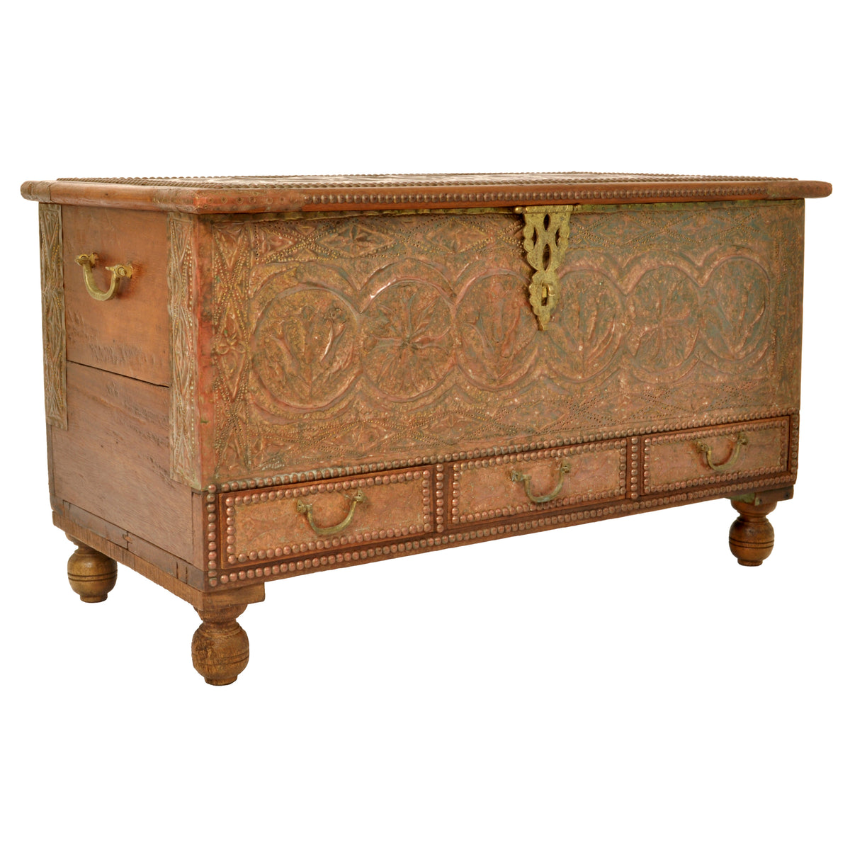 Antique Zanzibar Omani Teak & Brass Studded Copper Clad Dowry Chest Trunk, 1880