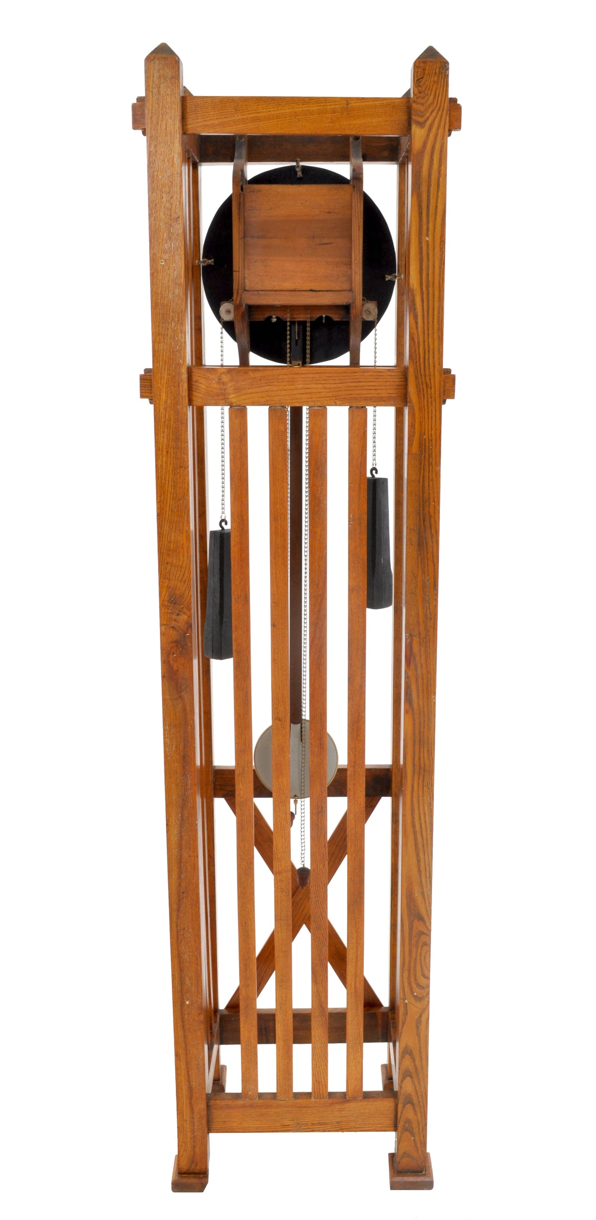 Antique American Mission Arts & Crafts Oak 8-Day Grandfather Tall Case Clock, Circa 1900