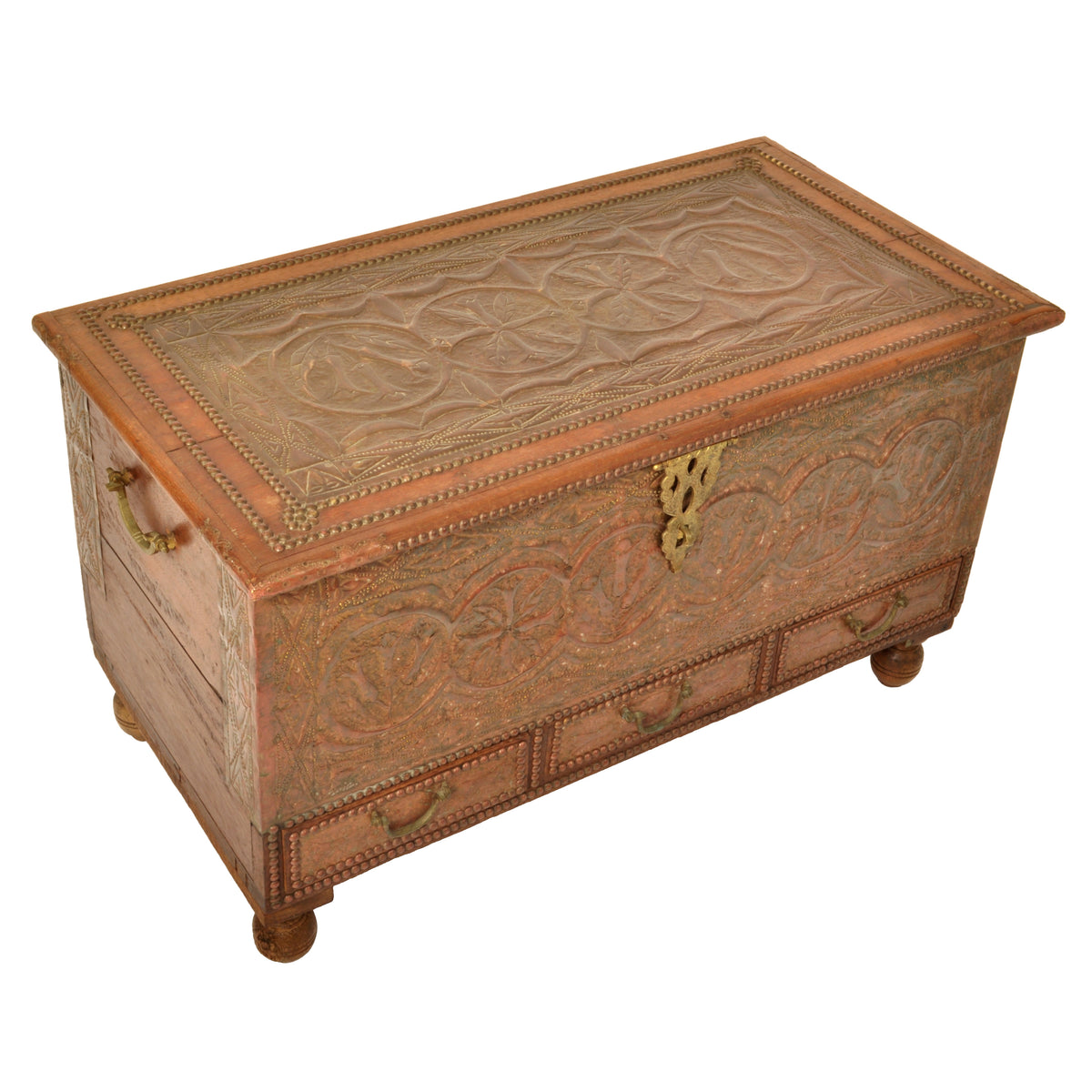 Antique Zanzibar Omani Teak & Brass Studded Copper Clad Dowry Chest Trunk, 1880