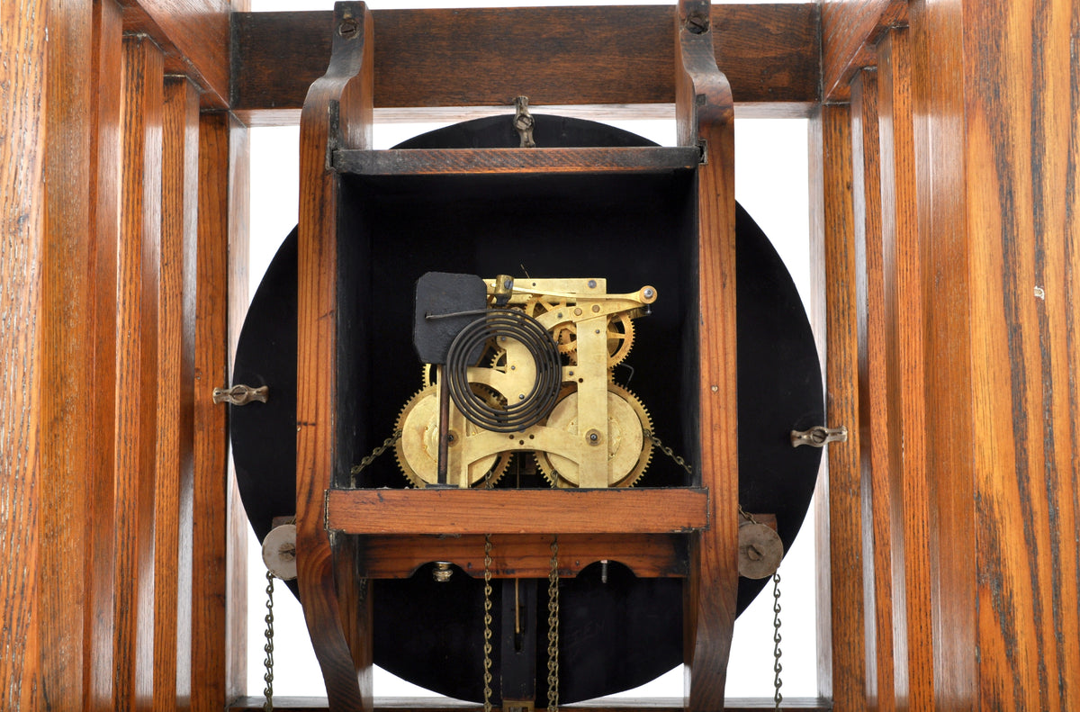Antique American Mission Arts & Crafts Oak 8-Day Grandfather Tall Case Clock, Circa 1900