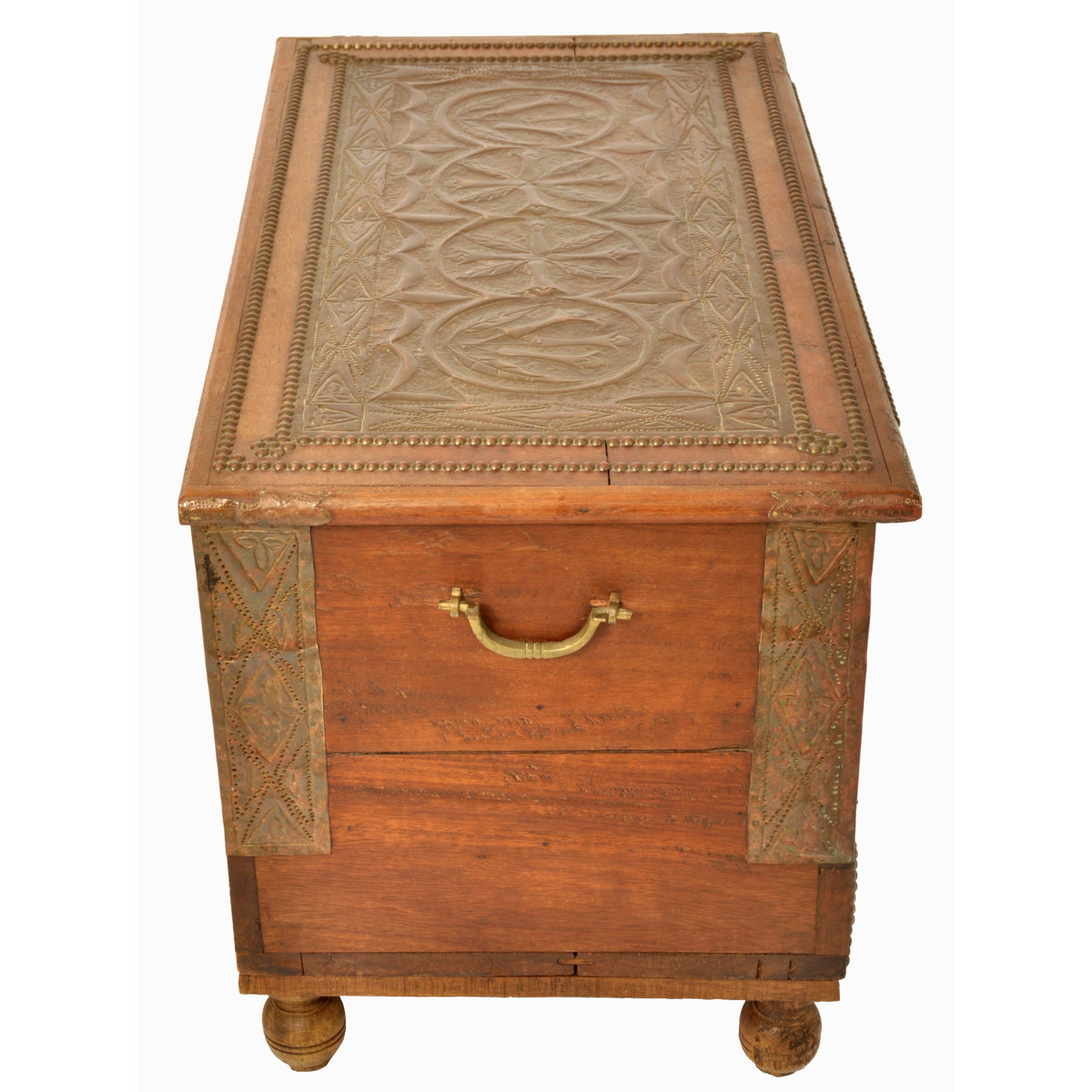Antique Zanzibar Omani Teak & Brass Studded Copper Clad Dowry Chest Trunk, 1880