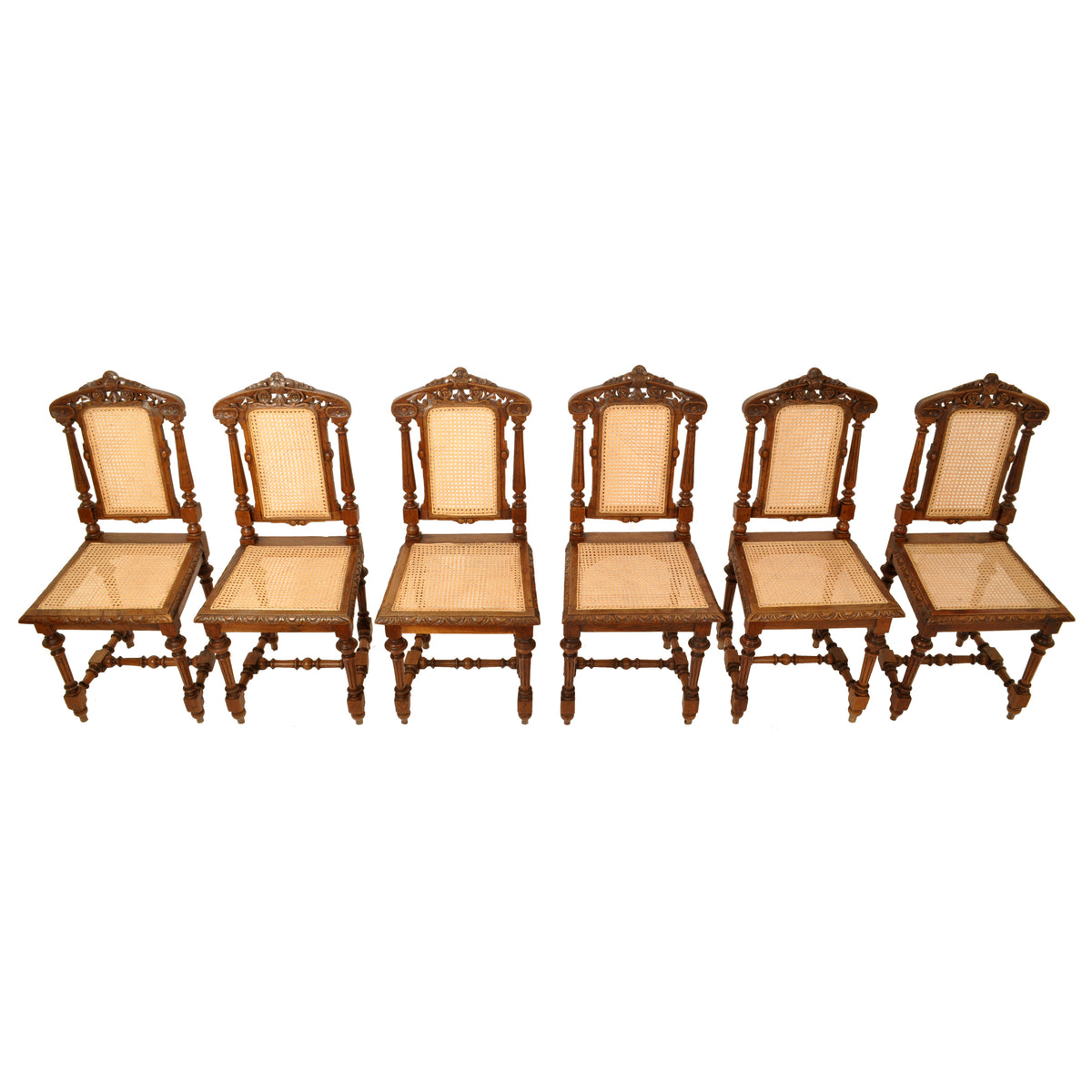 Set of Six Antique French Provincial Henri II Carved Oak & Caned Dining Chairs, circa 1880