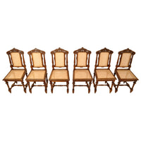 Set of Six Antique French Provincial Henri II Carved Oak & Caned Dining Chairs, circa 1880