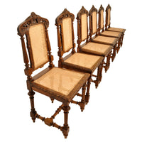Set of Six Antique French Provincial Henri II Carved Oak & Caned Dining Chairs, circa 1880