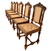 Set of Six Antique French Provincial Henri II Carved Oak & Caned Dining Chairs, circa 1880
