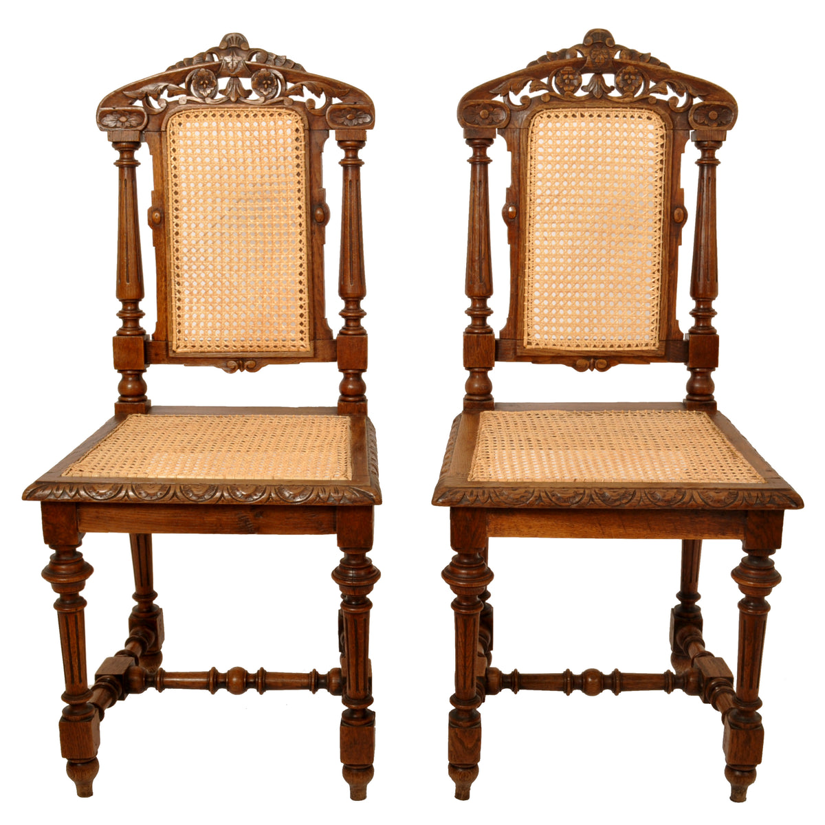 Set of Six Antique French Provincial Henri II Carved Oak & Caned Dining Chairs, circa 1880