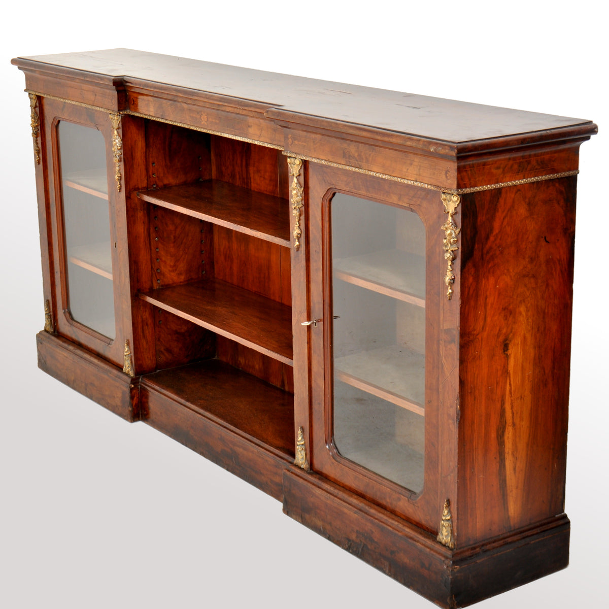 Antique English Burl Walnut Long Inlaid Ormolu Bookcase / Buffet / Sideboard, circa 1870