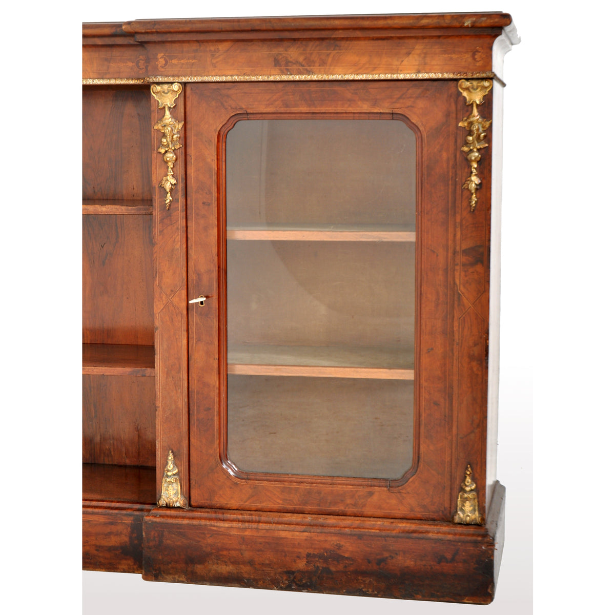 Antique English Burl Walnut Long Inlaid Ormolu Bookcase / Buffet / Sideboard, circa 1870