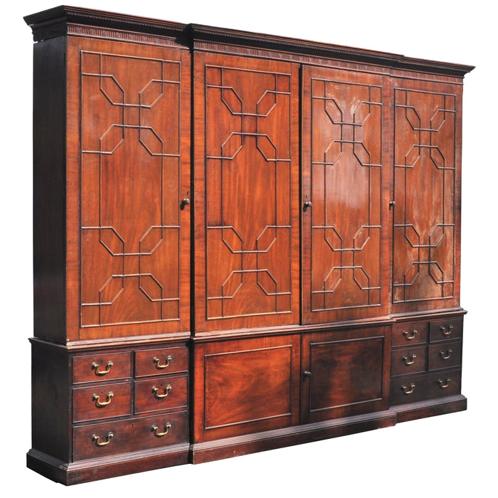 Monumental Georgian Style Antique Mahogany Breakfront Bookcase/Cabinet, Circa 1880