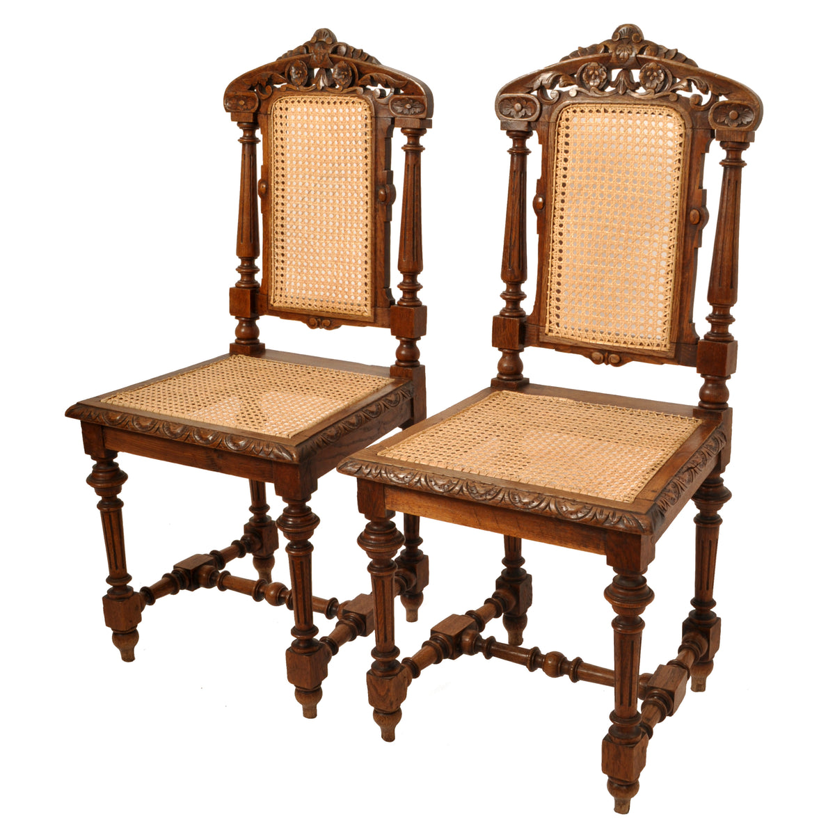 Set of Six Antique French Provincial Henri II Carved Oak & Caned Dining Chairs, circa 1880