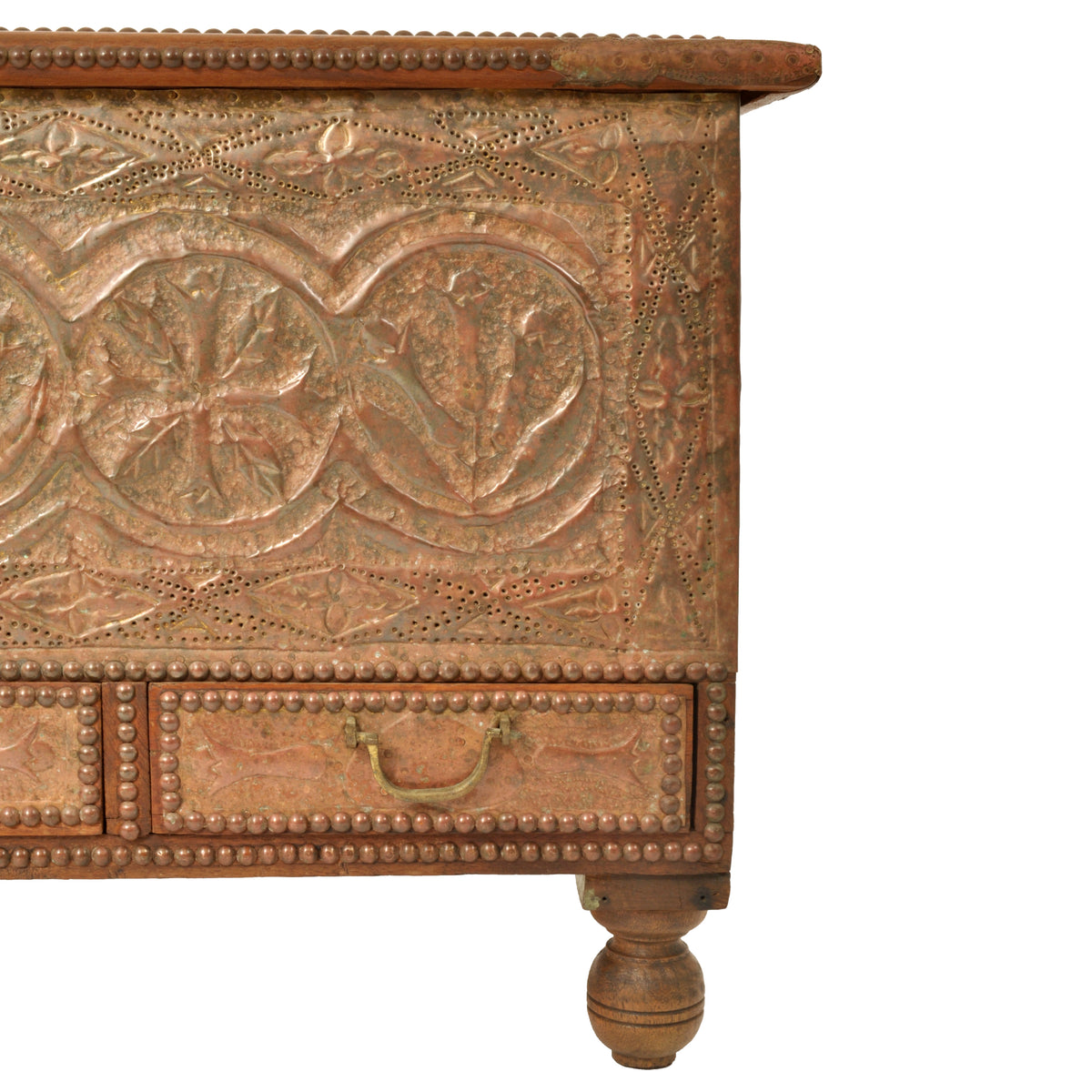 Antique Zanzibar Omani Teak & Brass Studded Copper Clad Dowry Chest Trunk, 1880