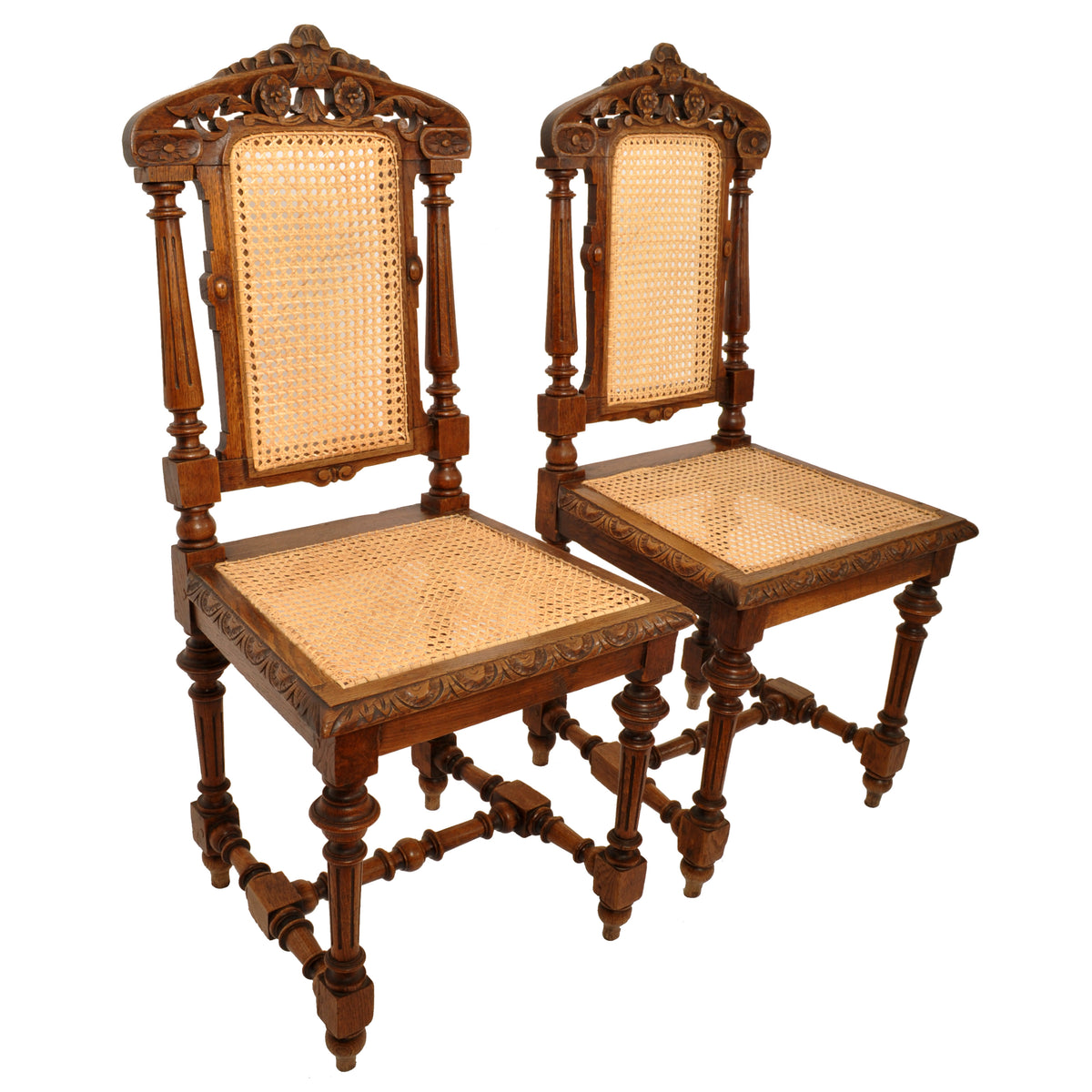 Set of Six Antique French Provincial Henri II Carved Oak & Caned Dining Chairs, circa 1880