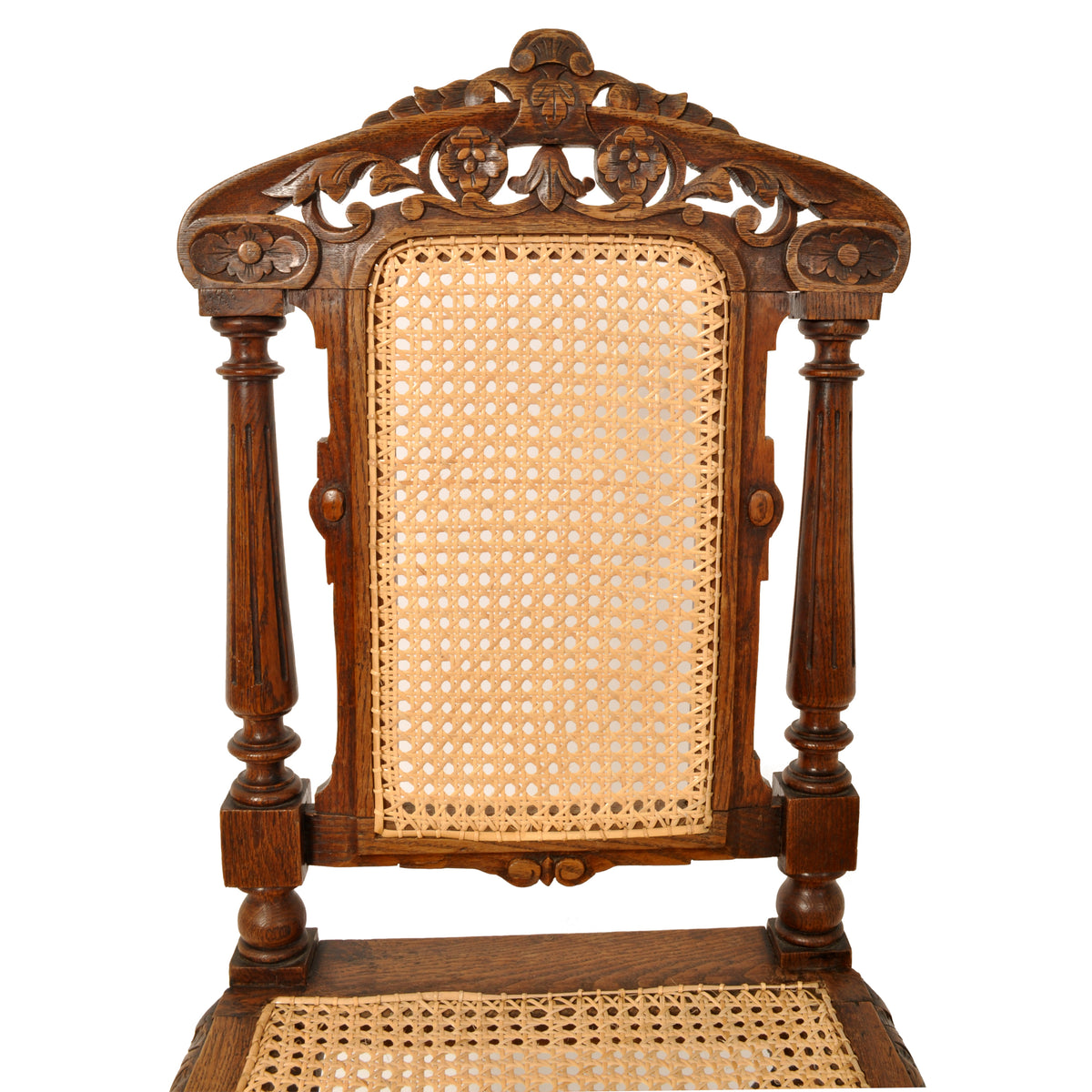 Set of Six Antique French Provincial Henri II Carved Oak & Caned Dining Chairs, circa 1880