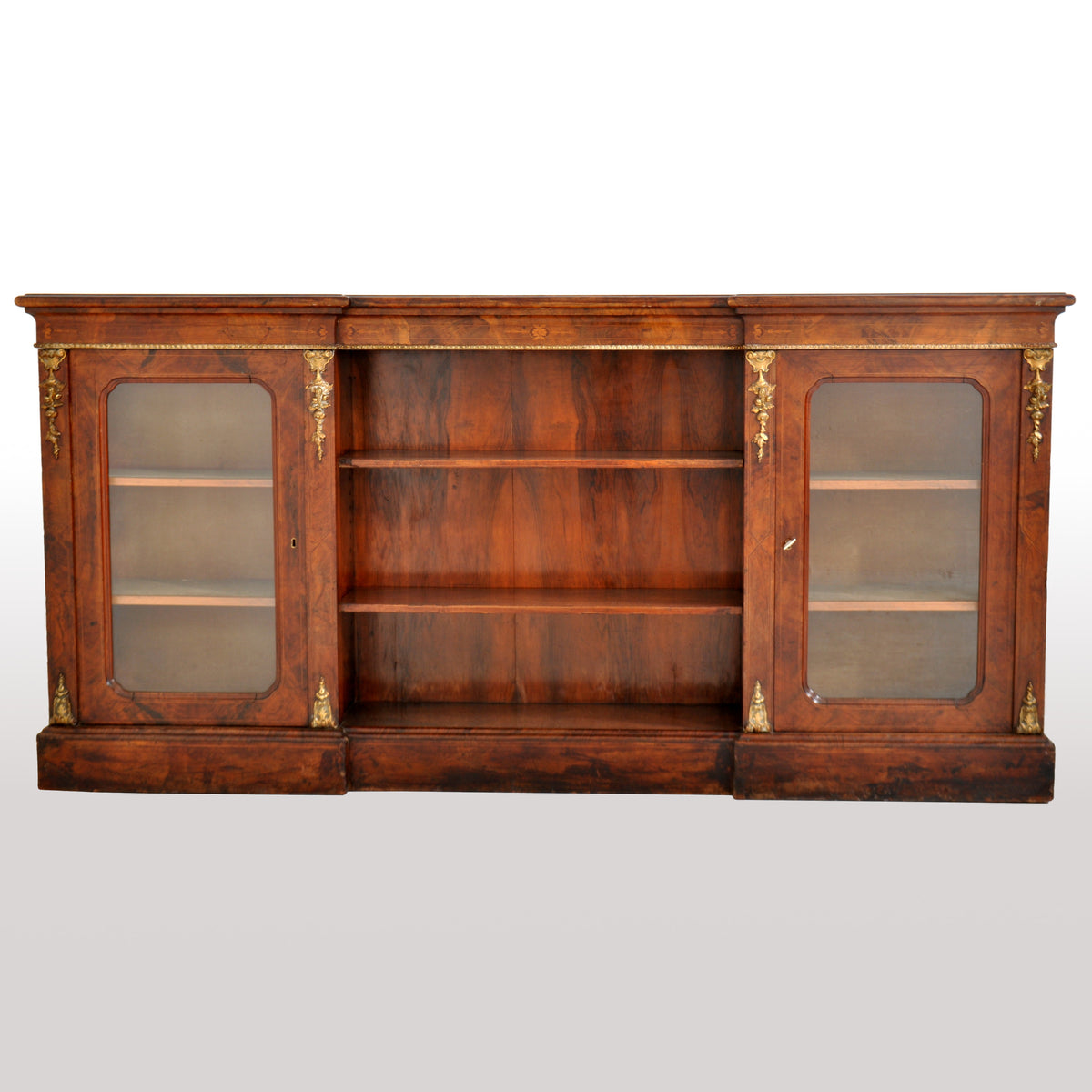 Antique English Burl Walnut Long Inlaid Ormolu Bookcase / Buffet / Sideboard, circa 1870
