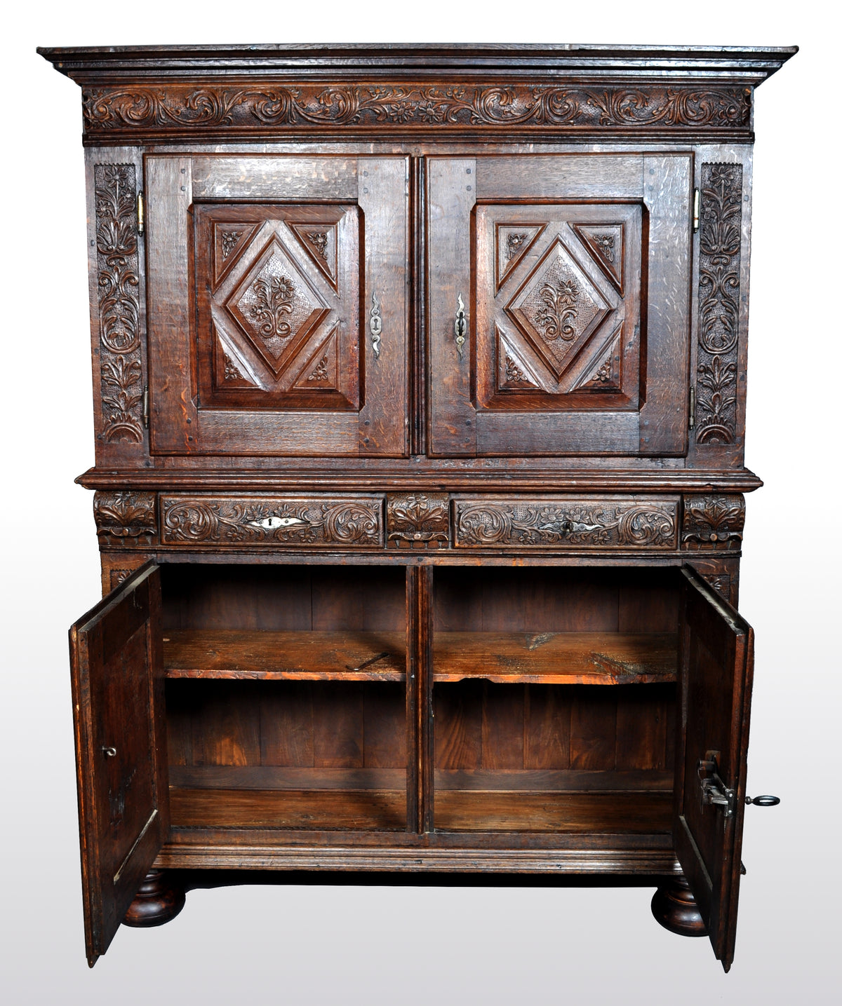 Antique French Baroque Carved Oak Court Cabinet, circa 1750