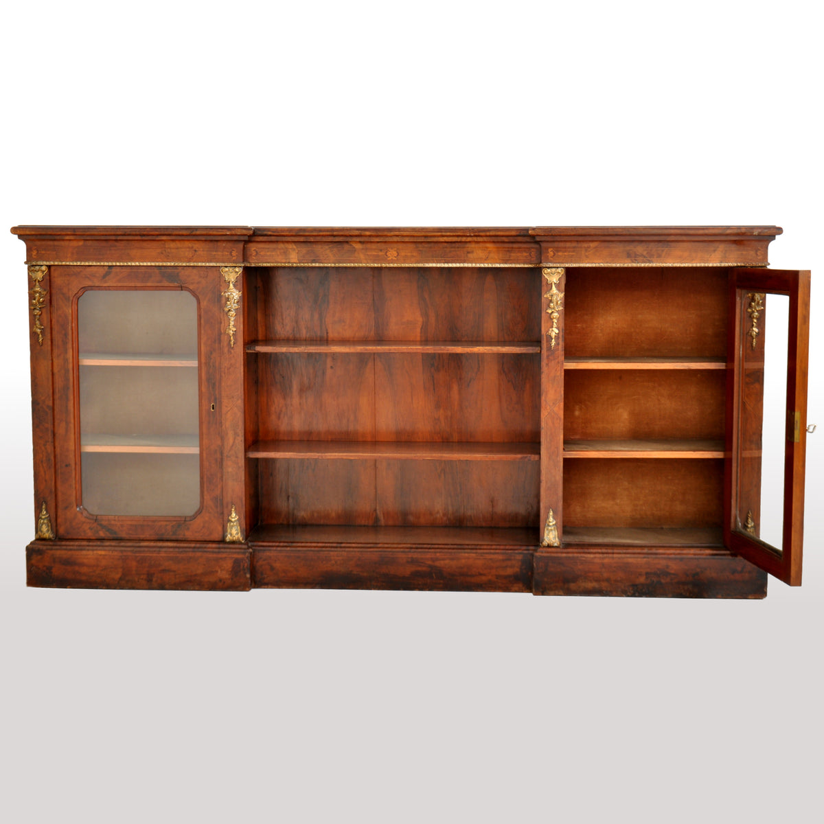 Antique English Burl Walnut Long Inlaid Ormolu Bookcase / Buffet / Sideboard, circa 1870