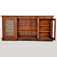Antique English Burl Walnut Long Inlaid Ormolu Bookcase / Buffet / Sideboard, circa 1870