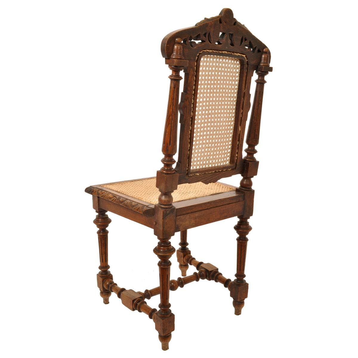 Set of Six Antique French Provincial Henri II Carved Oak & Caned Dining Chairs, circa 1880