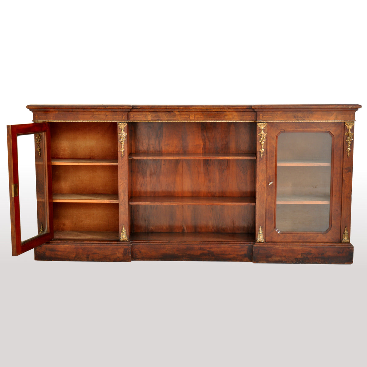 Antique English Burl Walnut Long Inlaid Ormolu Bookcase / Buffet / Sideboard, circa 1870