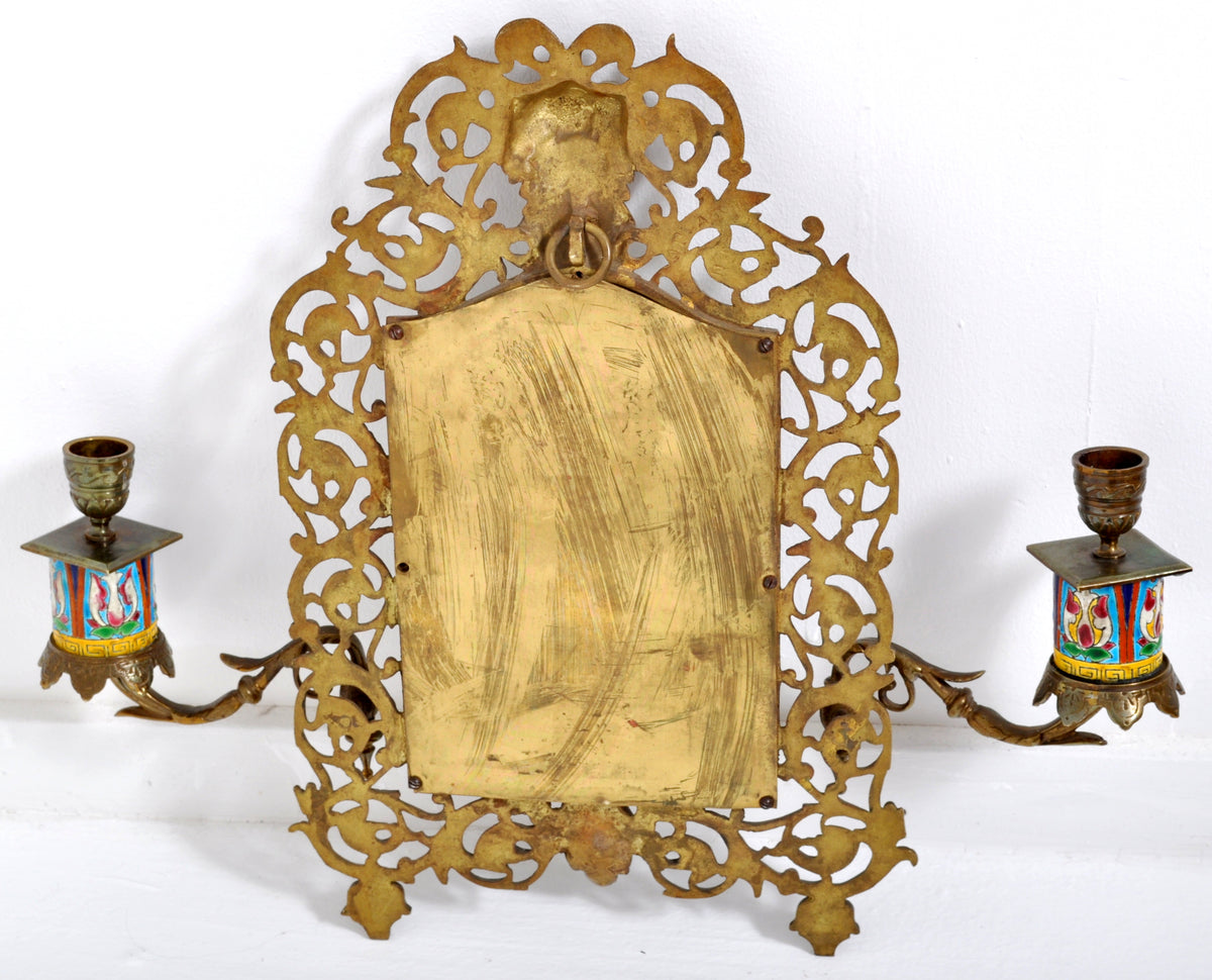 Antique Neoclassical French Brass Wall Mirror with Candle Sconces, circa 1890