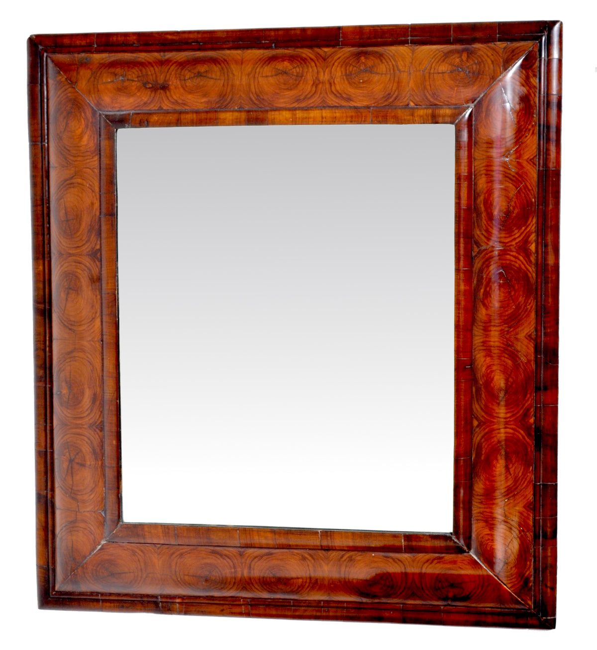 Antique William and Mary Laburnum Oyster Veneer Cushion-Shaped Mirror, Circa 1690