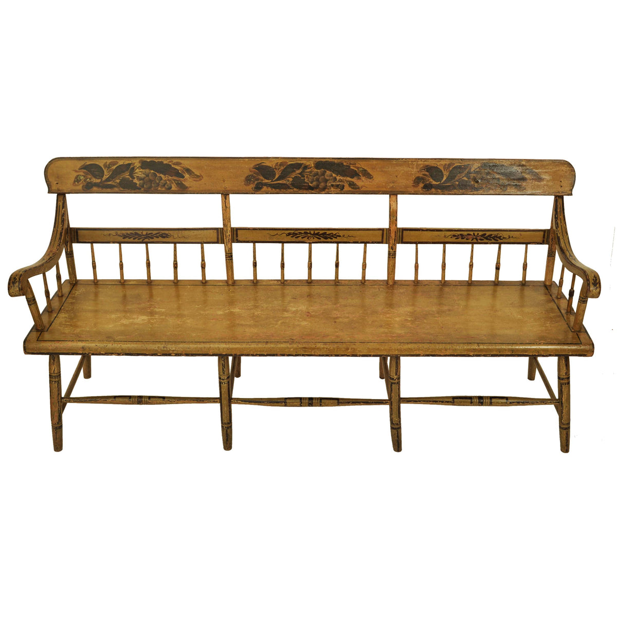 Antique American Colonial Federal Baltimore Painted Spindled Windsor Bench, circa 1820