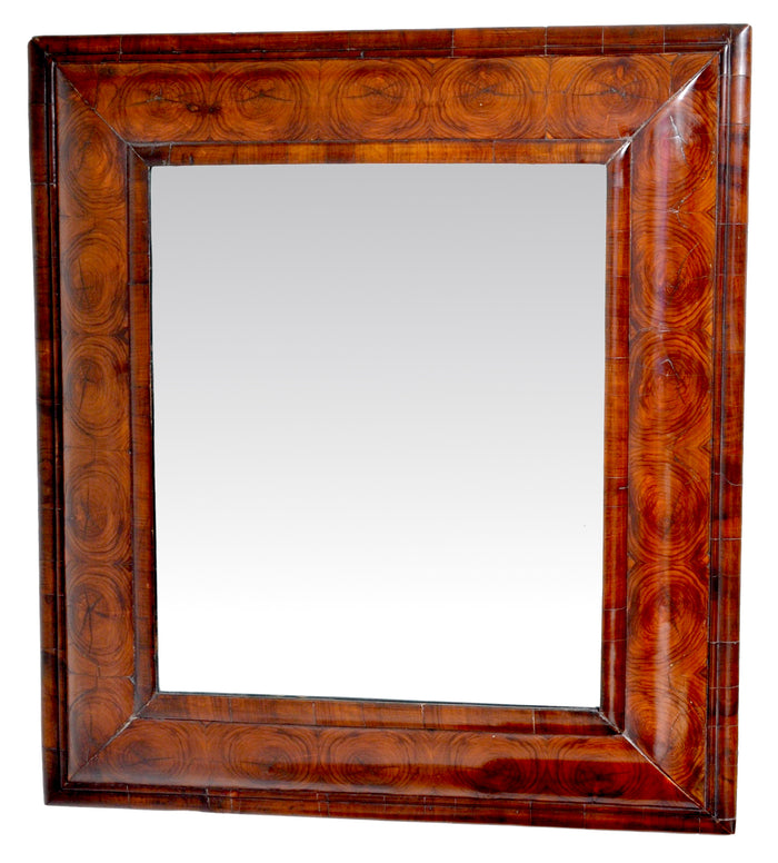 Antique William and Mary Laburnum Oyster Veneer Cushion-Shaped Mirror, Circa 1690