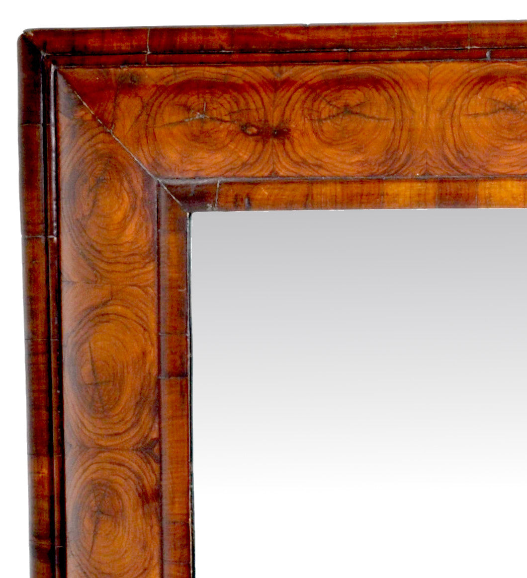 Antique William and Mary Laburnum Oyster Veneer Cushion-Shaped Mirror, Circa 1690