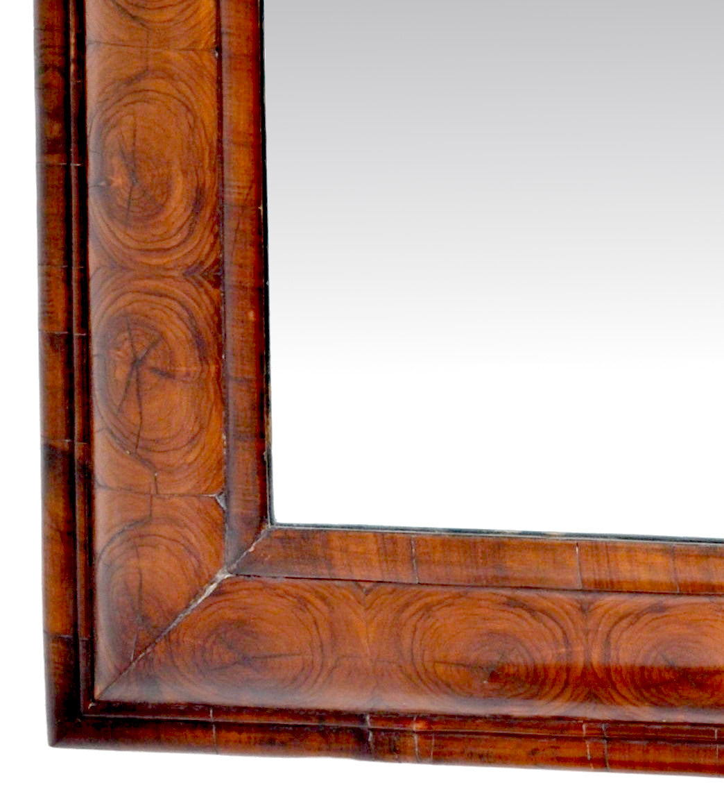 Antique William and Mary Laburnum Oyster Veneer Cushion-Shaped Mirror, Circa 1690