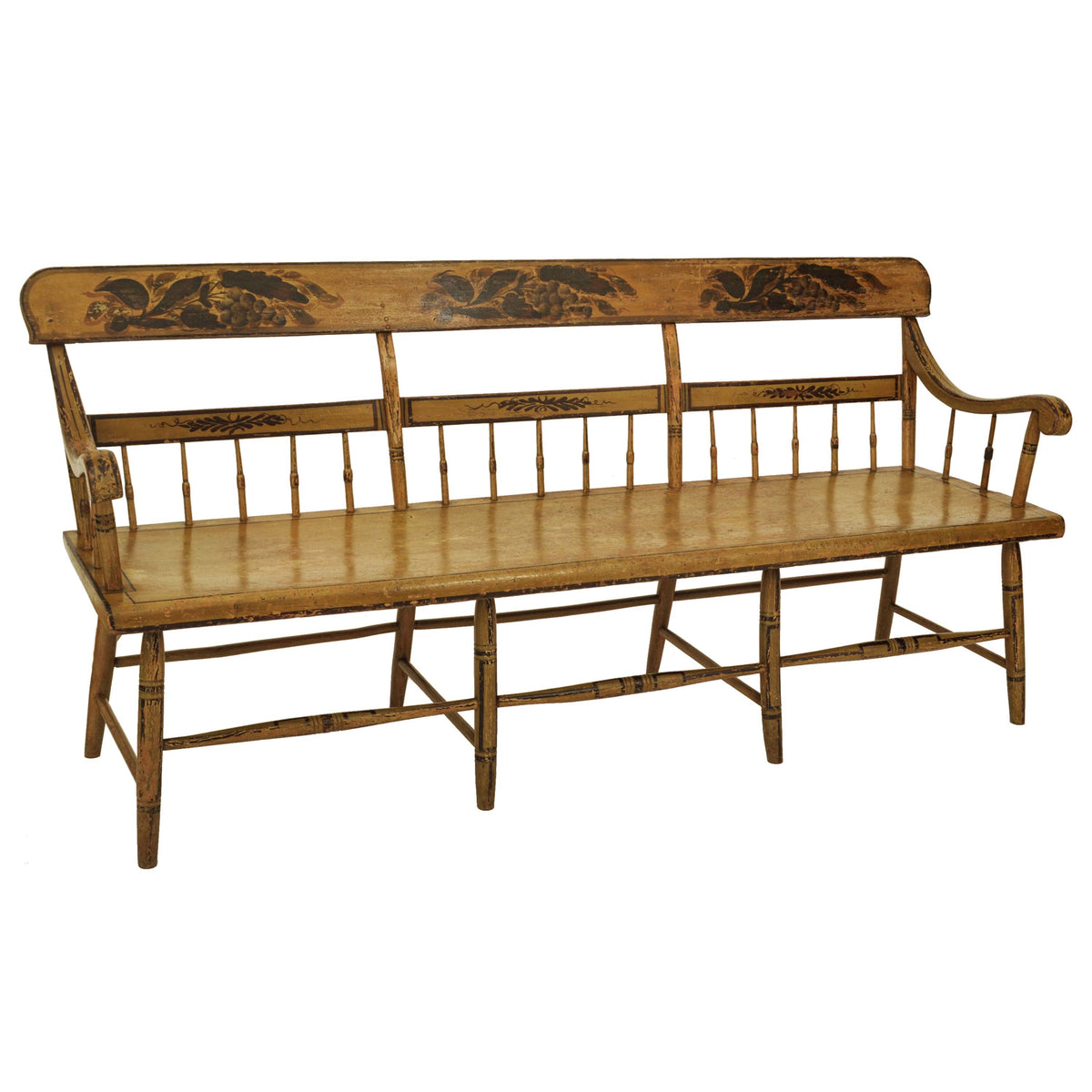 Antique American Colonial Federal Baltimore Painted Spindled Windsor Bench, circa 1820