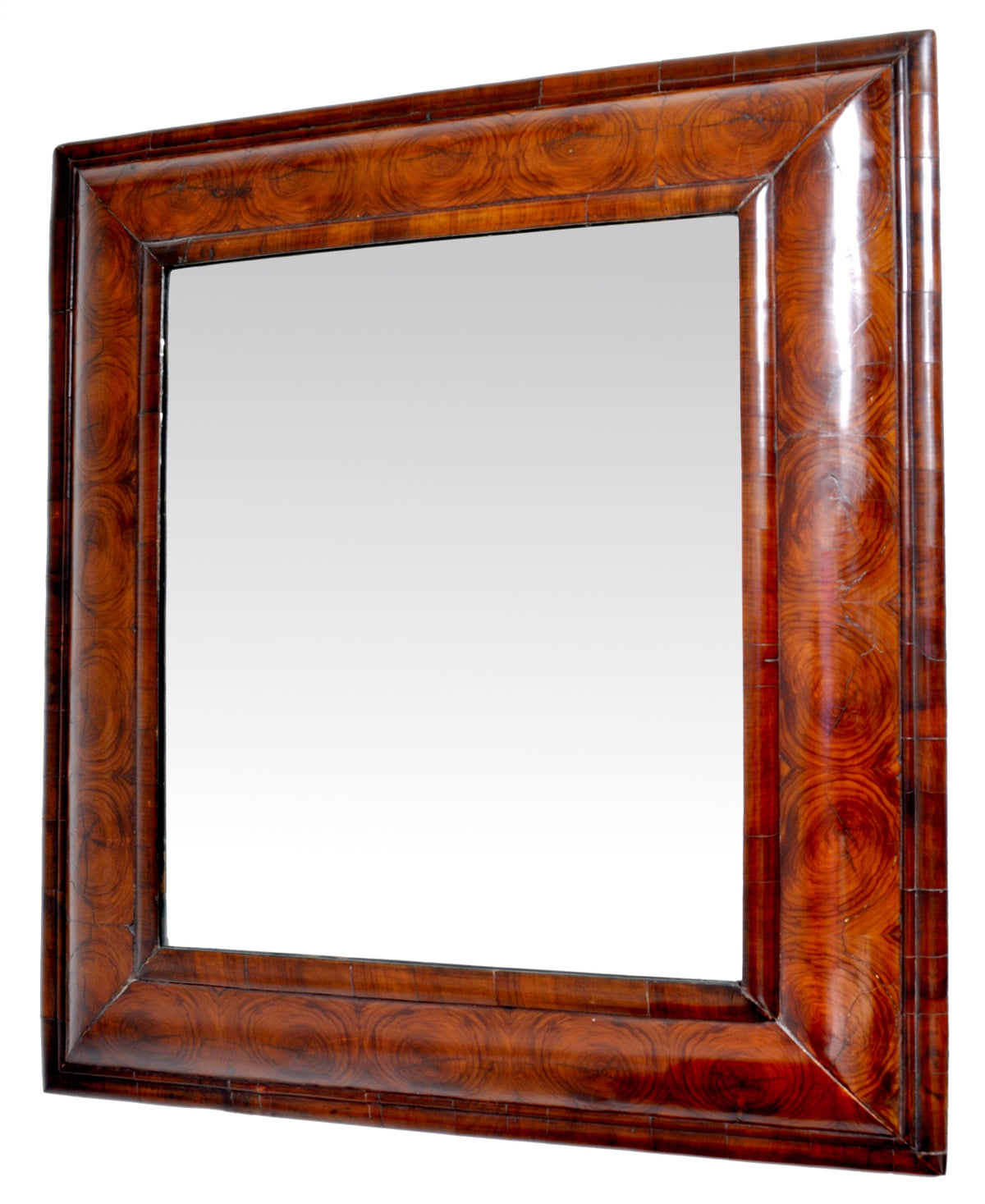 Antique William and Mary Laburnum Oyster Veneer Cushion-Shaped Mirror, Circa 1690