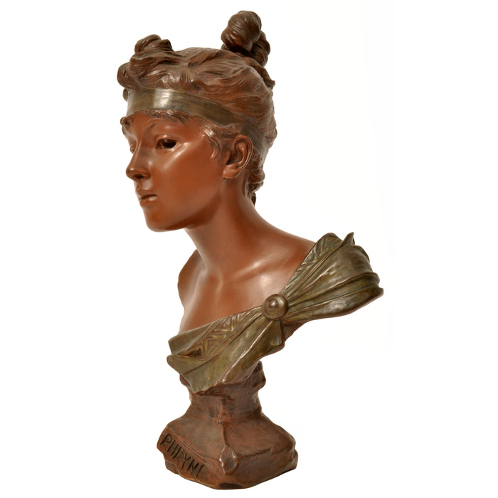 Antique French Art Nouveau Bronze Female Bust "Phryne" Emanuel Villanis Circa 1900