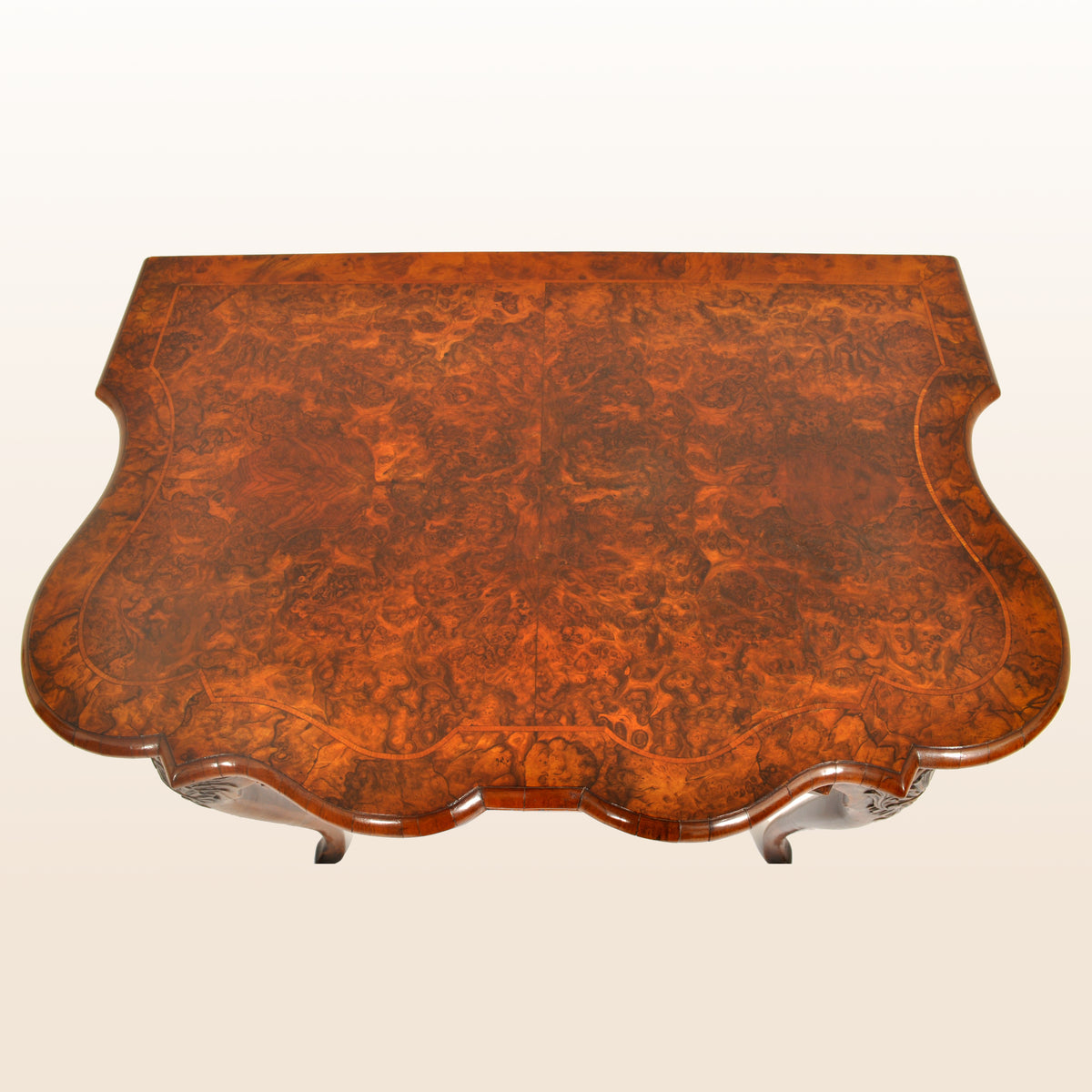 Antique Queen Anne Serpentine Burl Yew & Walnut Inlaid Side Table / Lowboy, circa 1710