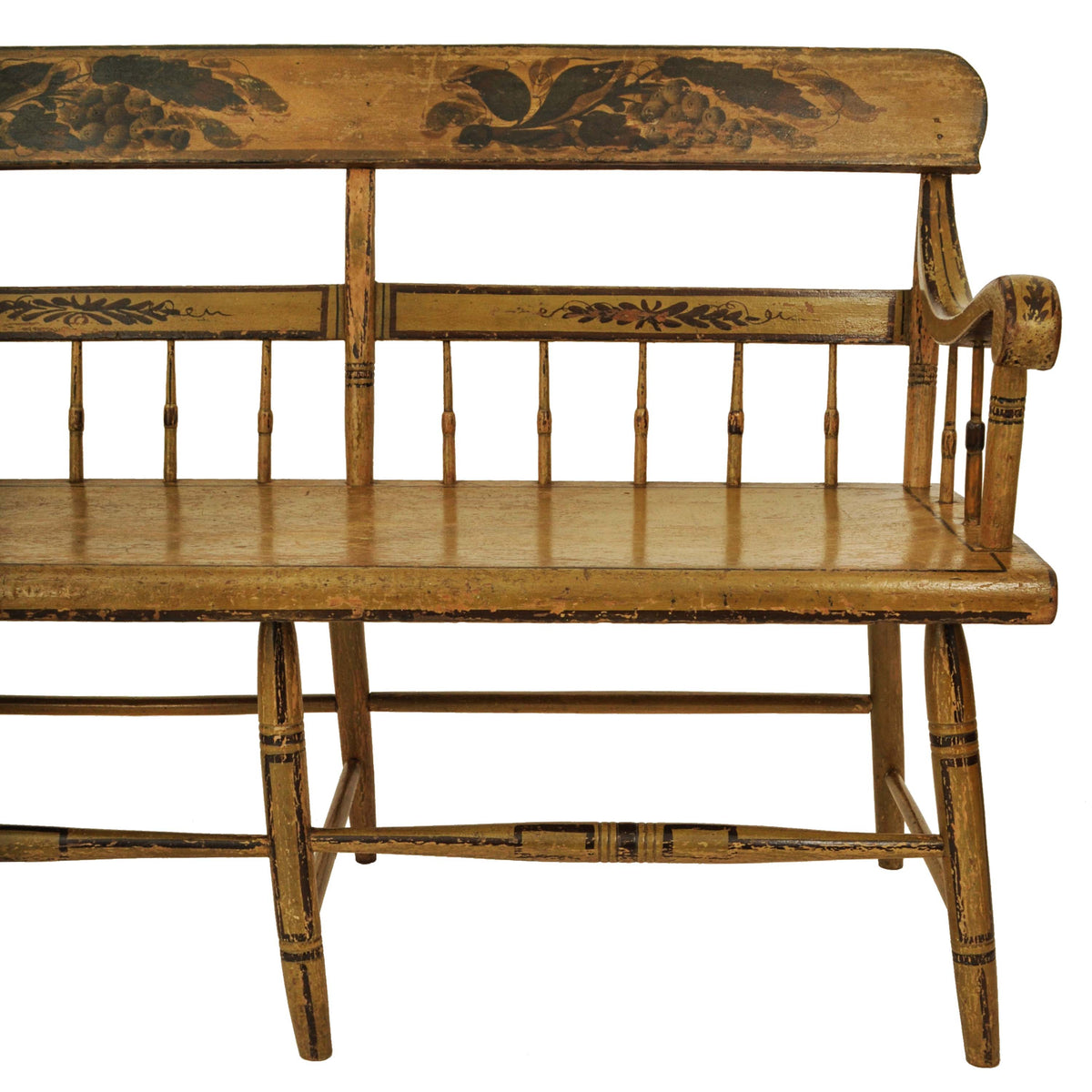 Antique American Colonial Federal Baltimore Painted Spindled Windsor Bench, circa 1820