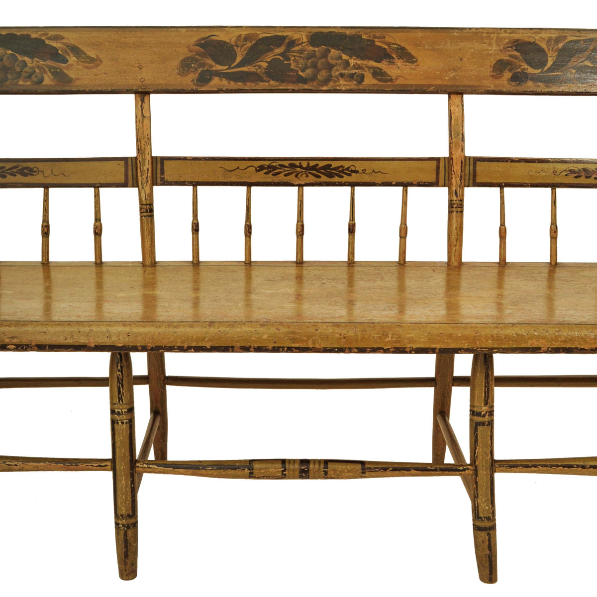 Antique American Colonial Federal Baltimore Painted Spindled Windsor Bench, circa 1820