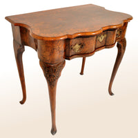 Antique Queen Anne Serpentine Burl Yew & Walnut Inlaid Side Table / Lowboy, circa 1710