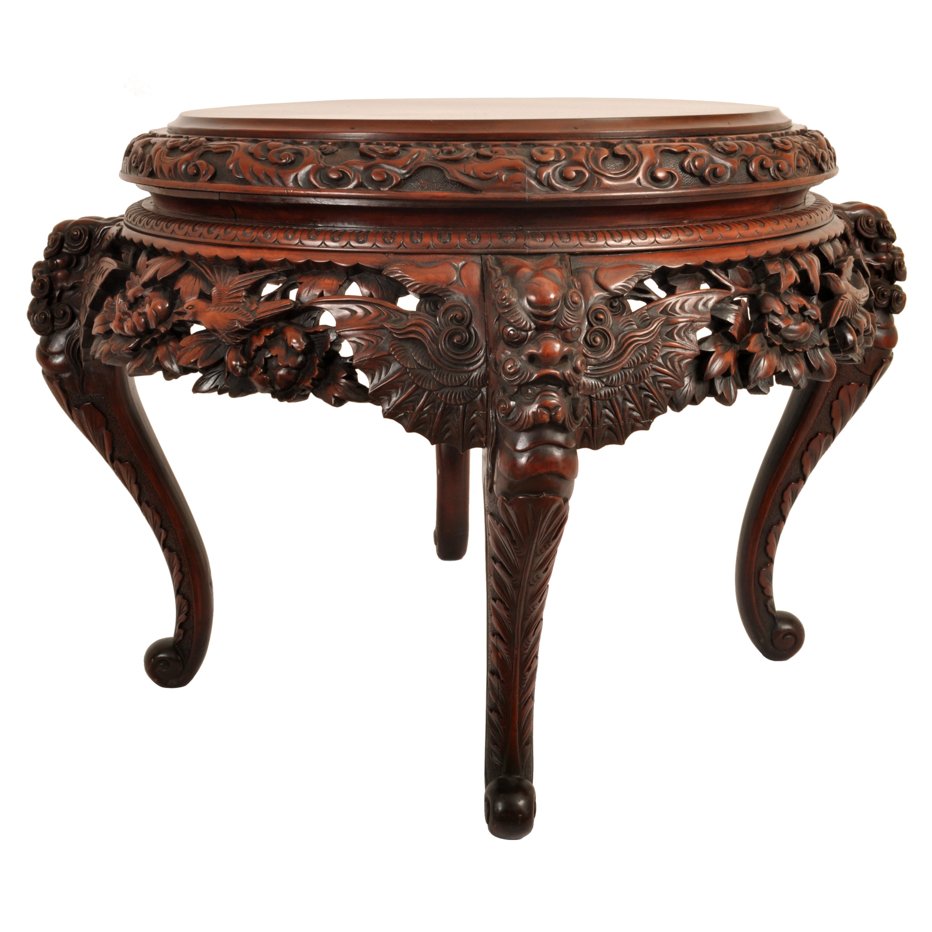 Antique Chinese Qing Dynasty Carved Elm Center Table with Bats & Birds,  circa 1890