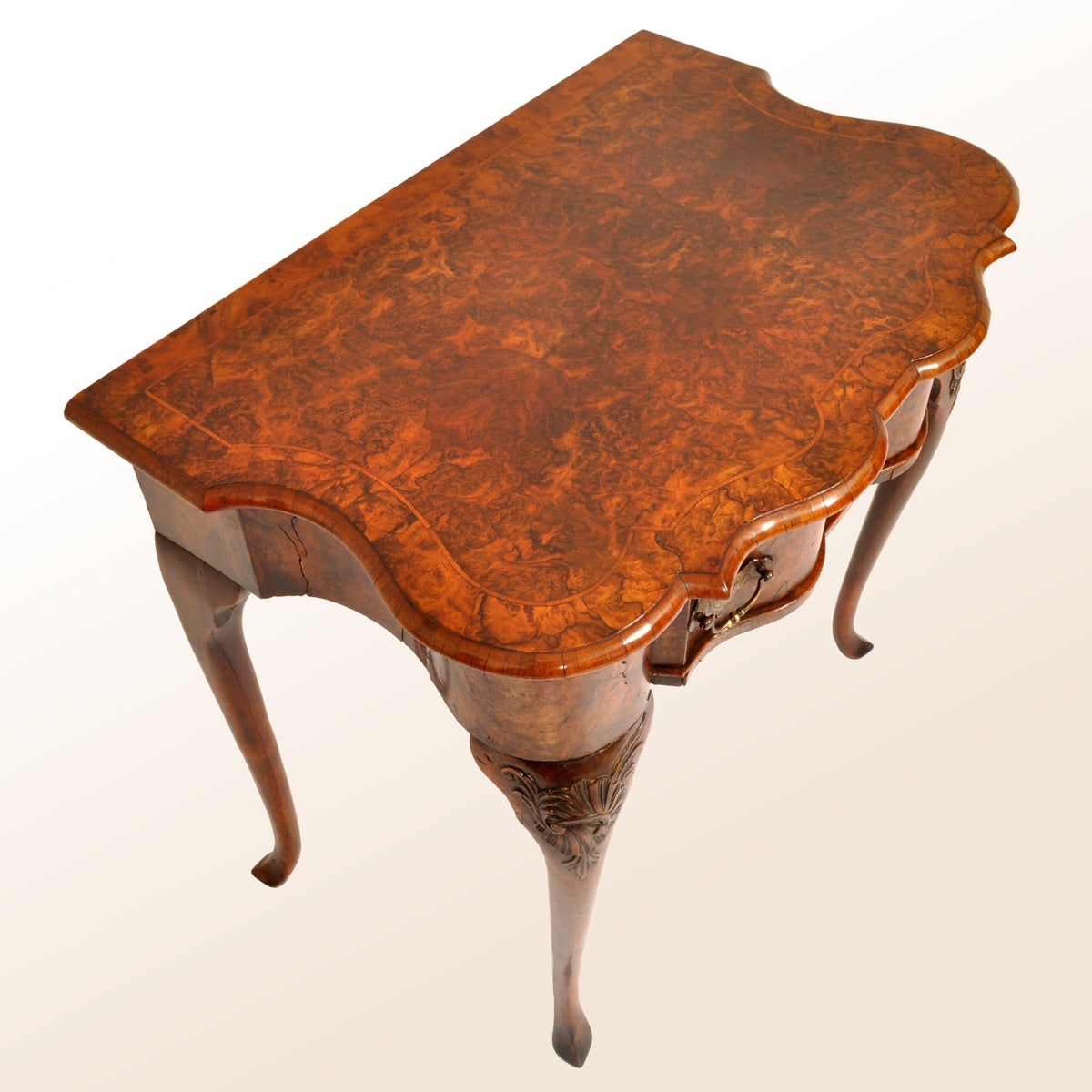 Antique Queen Anne Serpentine Burl Yew & Walnut Inlaid Side Table / Lowboy, circa 1710