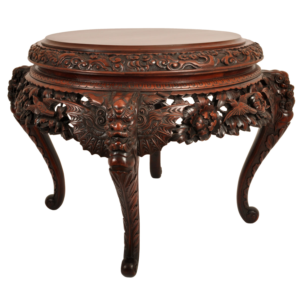Antique Chinese Qing Dynasty Carved Elm Center Table with Bats & Birds, circa 1890