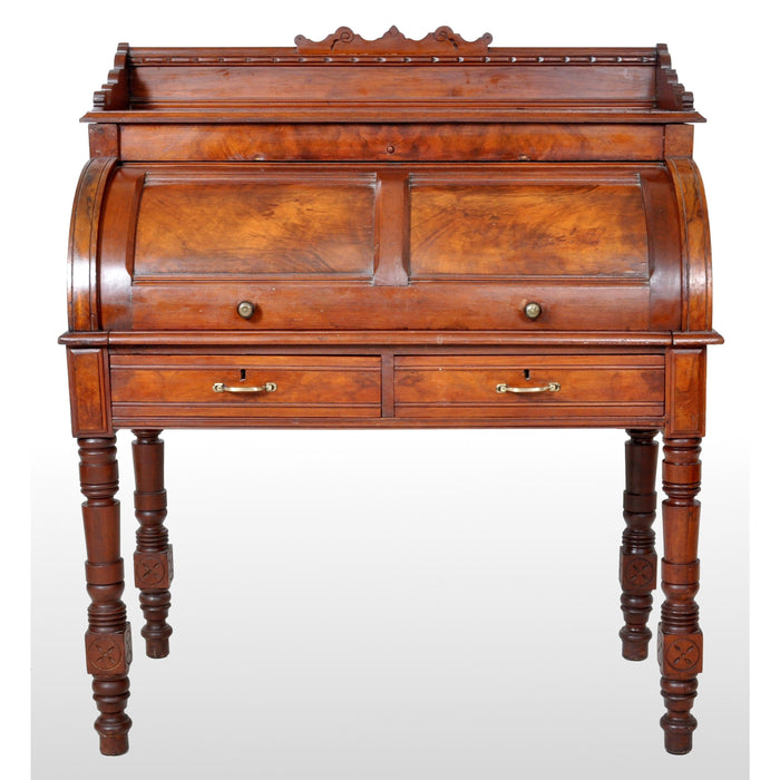 Antique American Victorian Eastlake Walnut Cylinder Roll-Top Desk / Secretary, 1875