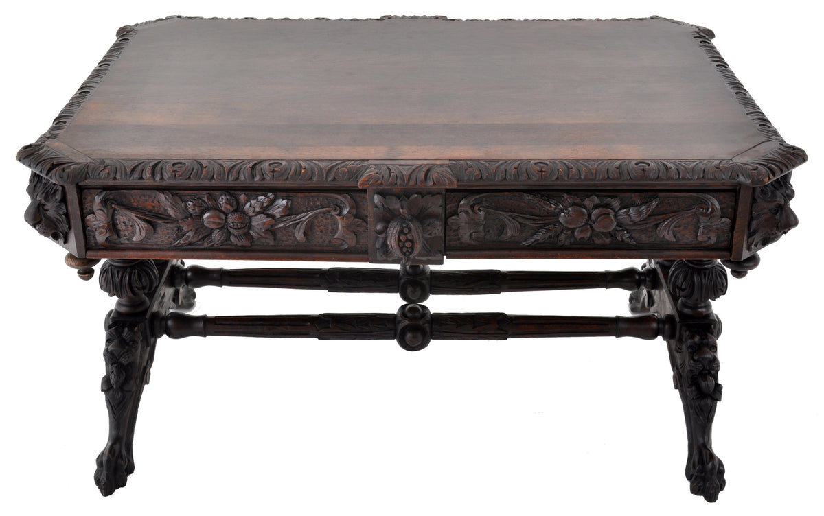 Antique 19th Century French Carved Oak Library Table, Circa 1860