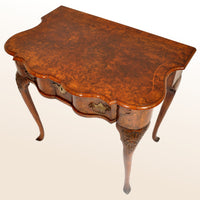 Antique Queen Anne Serpentine Burl Yew & Walnut Inlaid Side Table / Lowboy, circa 1710