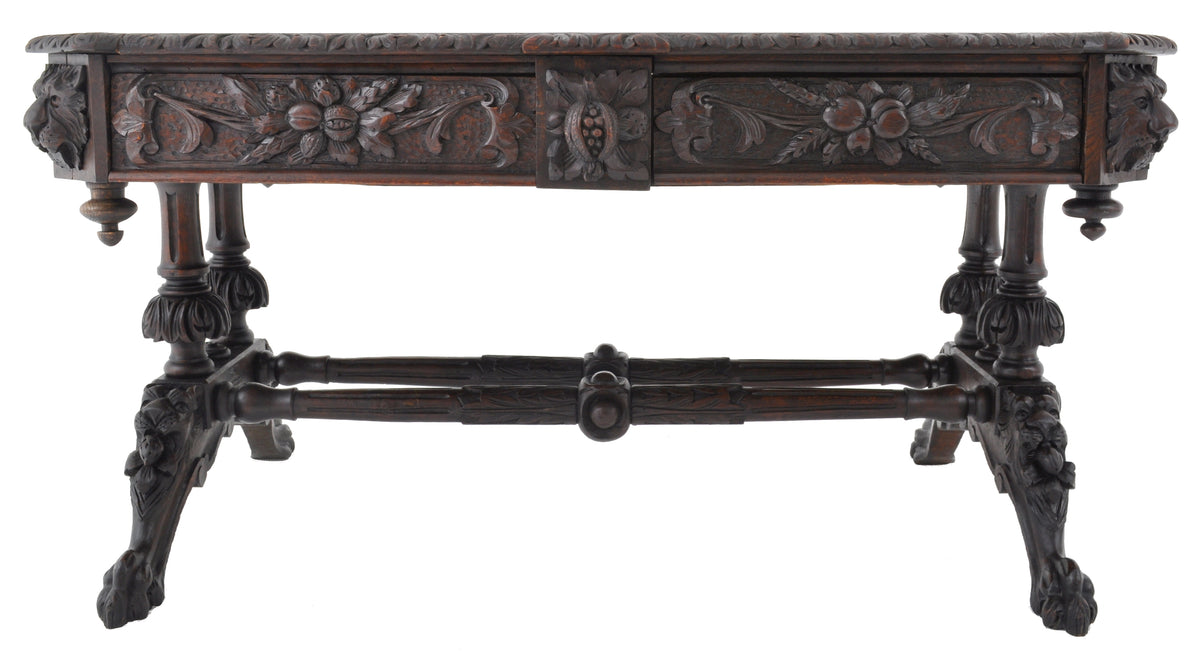 Antique 19th Century French Carved Oak Library Table, Circa 1860
