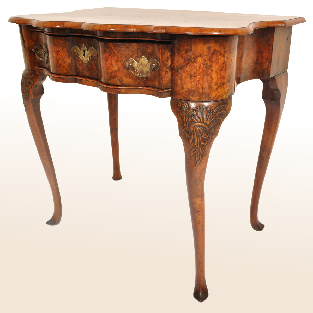 Antique Queen Anne Serpentine Burl Yew & Walnut Inlaid Side Table / Lowboy, circa 1710