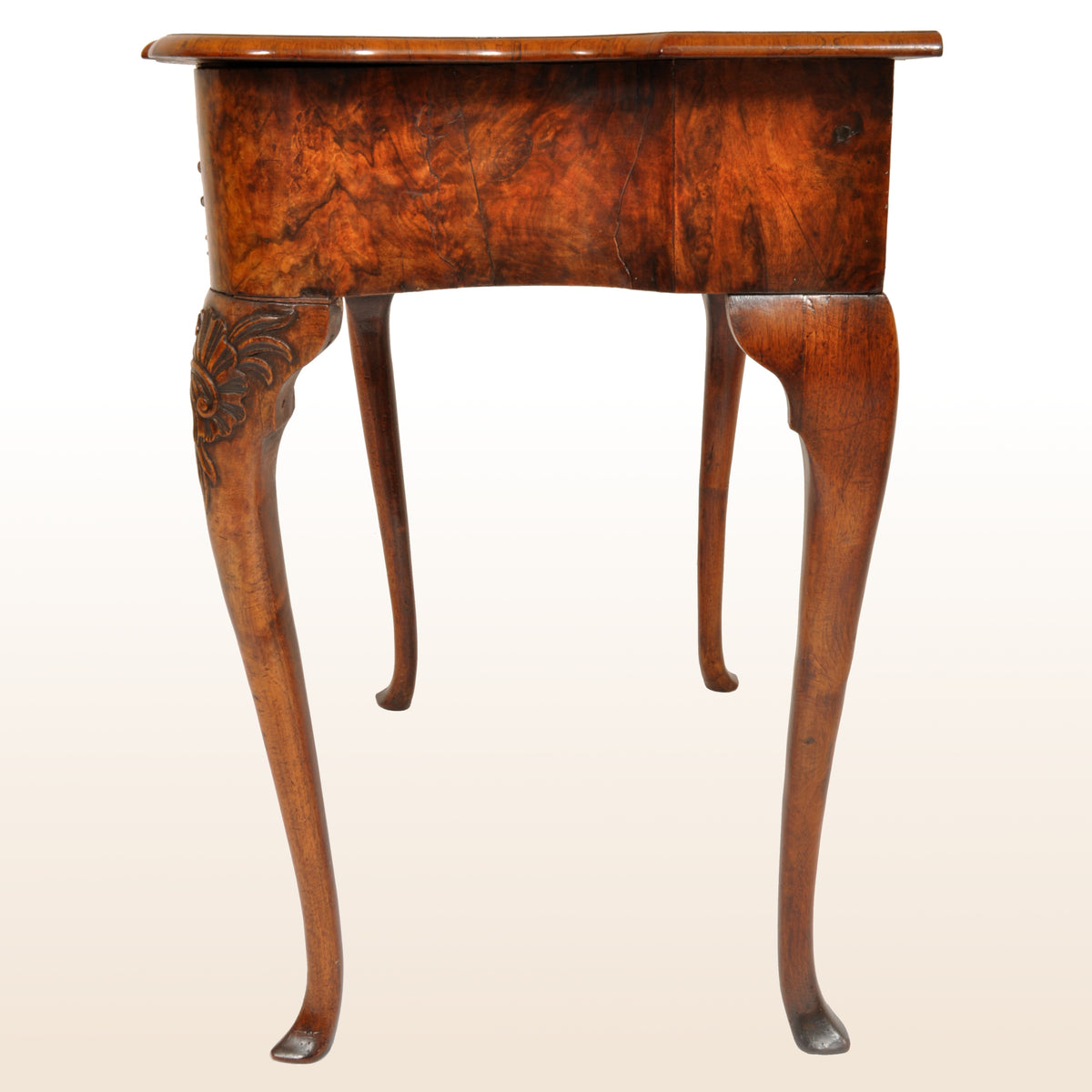 Antique Queen Anne Serpentine Burl Yew & Walnut Inlaid Side Table / Lowboy, circa 1710